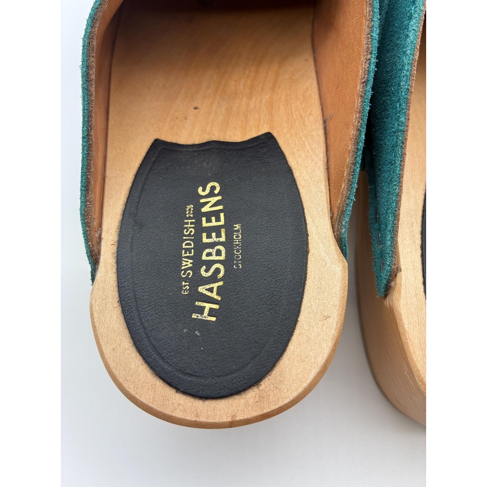Swedish Hasbeens Teal Suede Clogs, Size 37 (US 6.5-7), Wood Sole Slip-On Mules - Picture 8 of 11
